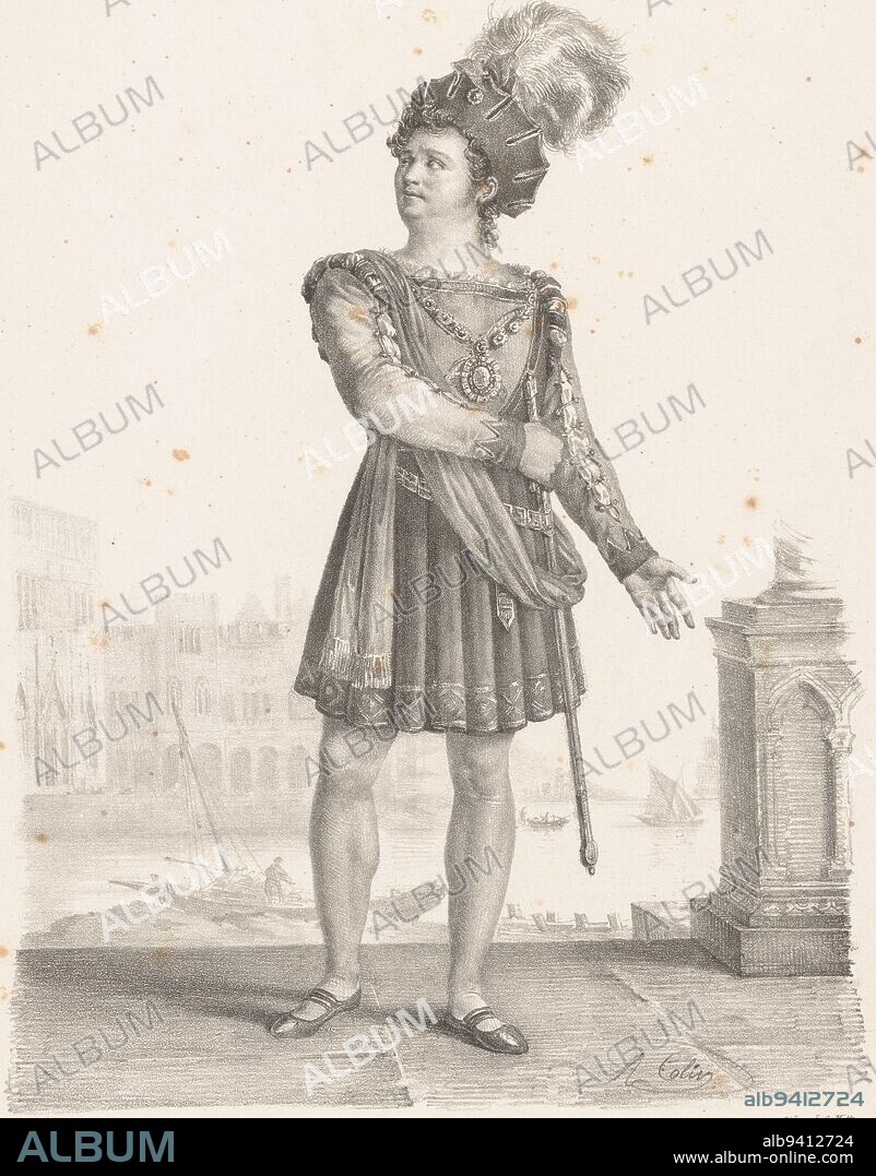 Portrait of Pierre Lafon as Don Pedre in the tragedy Pierre de Portugal Lafon Portraits of actors from Paris theaters , print maker: Alexandre Marie Colin, (mentioned on object), printer: Charles Etienne Pierre Motte, (mentioned on object), publisher: Francisique Noël (et Cie.), (mentioned on object), Paris, 1824, paper, h 425 mm × w 290 mm.