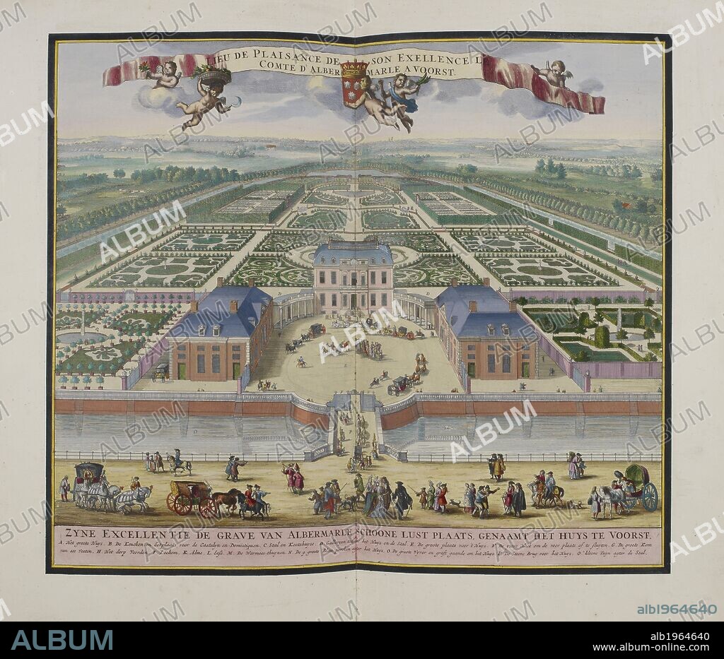 LEONARD SCHERM. Pleasure house at Voorst. Tonneel van Nederlandse Lusthooven... Amsterdam, 1718. Pleasure house of his Excellency the Earl of Albemarle at Voorst (1700). The layout of the house and gardens bore a close resemblance to those at Het Loo. The gardens had similar flowerbeds (or parterres) that were best viewed from the raised terraces surrounding them or from the gallery on top of the roof of the house. A sequence of ponds with fountains led to a colonnade (or exedra) with a view through to a distant monument . As at Het Loo, there was even a small topiary "green cabinet" to the right of the house. Image taken from: Tonneel van Nederlandse Lusthooven. Eerste deel, waar in vertoond worden 't Koninklyk Loo, en Dieren (J. Danckerts excudit.) ... verzameld [door C. Beudeker] in den Jaare 1718.  Published in Amsterdam, 1718 . Source: Maps.C.9.e.7.(50). Language: Dutch.