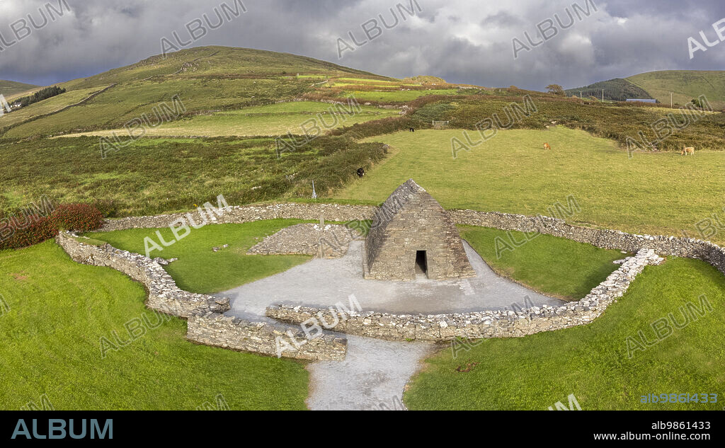 Gallarus Oratory aerial view (Séipéilín Ghallarais), early Christian church, Dingle Peninsula, County Kerry, Ireland, United Kingdom.