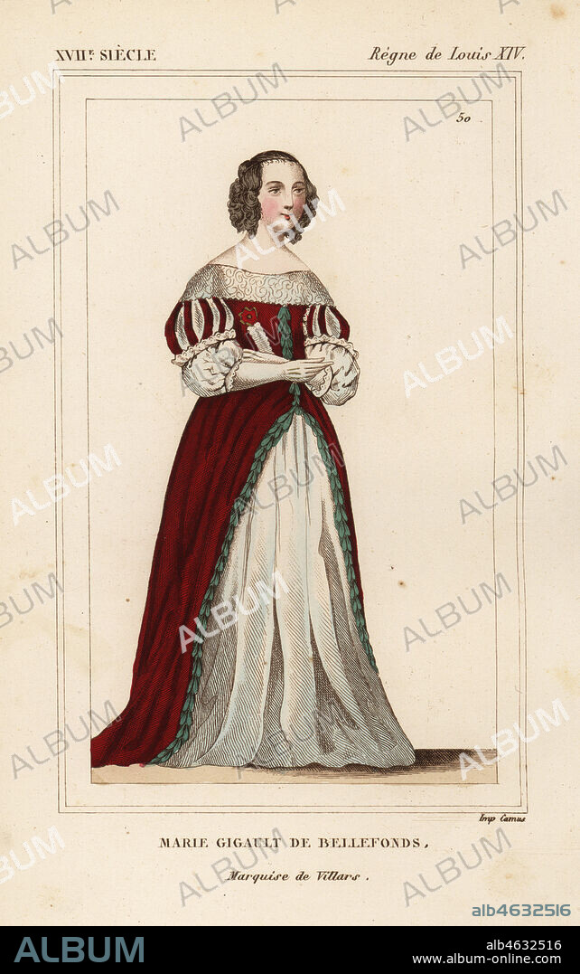 Marie Gigault de Bellefonds, Marquise de Villars, epistolary writer and wife of Pierre de Villars 1624-1706. Handcoloured lithograph after an original portrait from Le Bibliophile Jacob aka Paul Lacroix's Costumes Historiques de la France (Historical Costumes of France), Administration de Librairie, Paris, 1852.