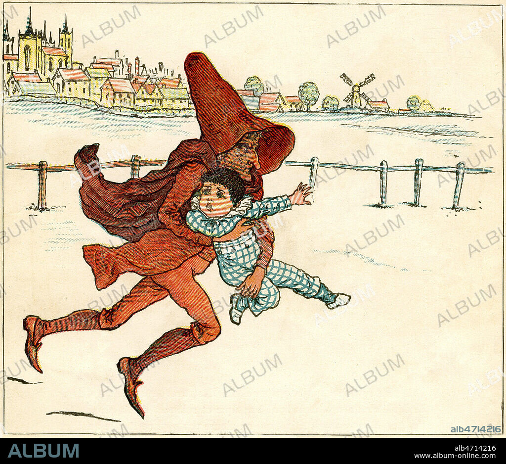 Croquemitaine anglais enlevant un enfant. Illustration vers 1900 de Kate GREENAWAY (1846-1901) pour La lanterne magique de J. LEVOISIN. Credit : Coll. Jonas/KHARBINE-TAPABOR.