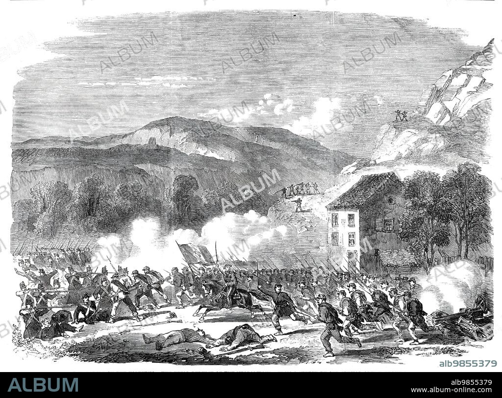 The Battle on the Volturno - the final repulse of the Neapolitans - from a sketch by our special artist, Frank Vizetelly, 1860. 'The Royalists were steadily advancing on all sides, and matters were beginning to look black, indeed, for the national cause, when Garibaldi, seeing how critical was the state of affairs, galloped to the head of three or four hundred of his men, and, shouting "Corragio Avanti!" dashed right into the enemy's ranks, and, being followed by his soldiers, the Royalists were driven back at the bayonet's point to the gates of Capua. This brilliant incident, which occurred at the foot of Monte St. Angelo, decided the fortunes of the day".' From "Illustrated London News", 1860.