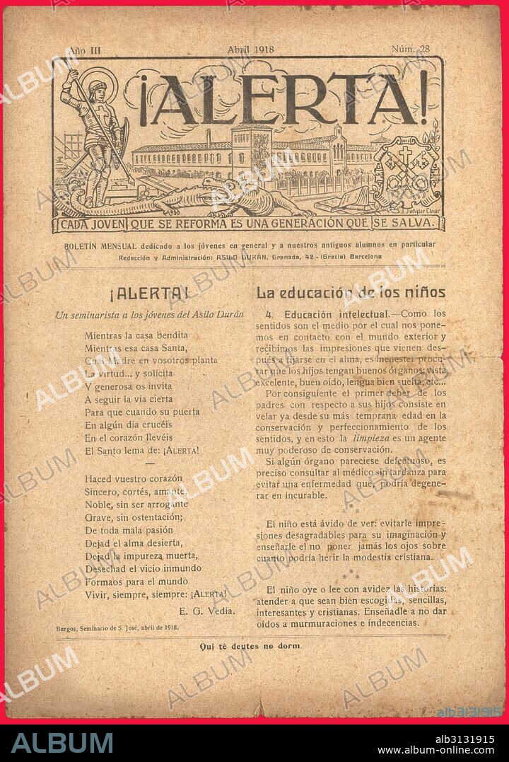 Portada del boletín mensual ¡Alerta!, editado por el asilo Durán, reformatorio para la educación de jóvenes internos, de Barcelona. Abril de 1918.