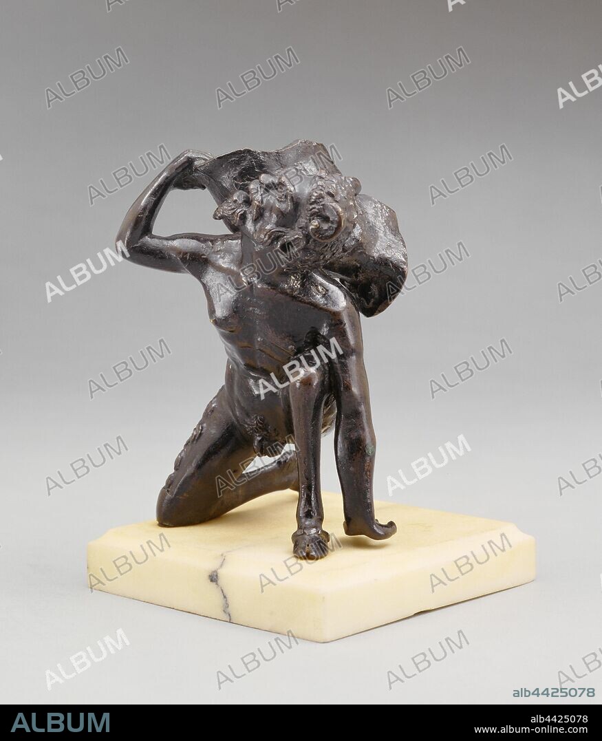 Kneeling Satyr, Workshop of Riccio (Andrea Briosco) (Italian, 1470 - 1532), Padua (probably), Italy, 16th century, Bronze, 14.6 × 10.5 × 10.6 cm (5 3/4 × 4 1/8 × 4 3/16 in.).