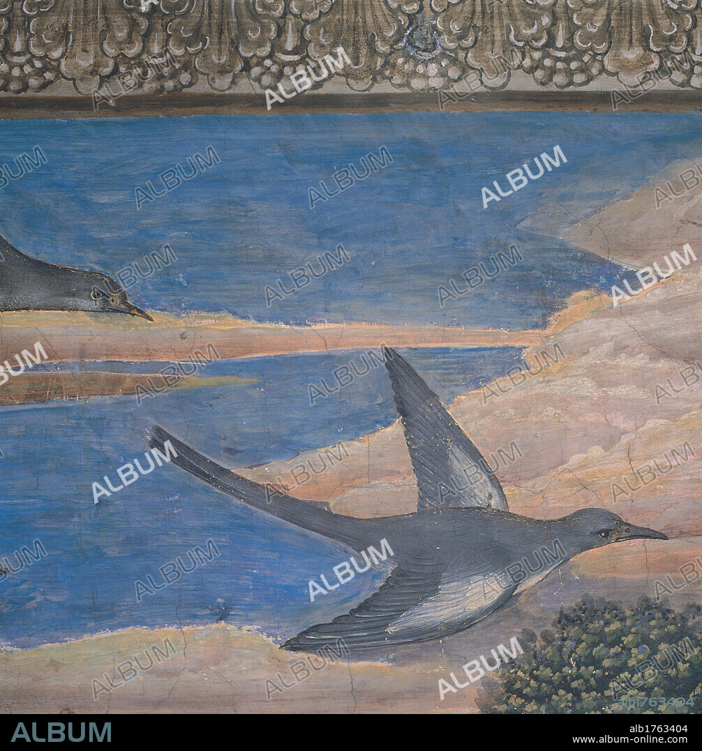 Frescoes of the Chapel of the Magi, by Benozzo di Lese di Sandro known as Benozzo Gozzoli, 1459-1460 about, 15th Century, fresco,. Italy, Tuscany, Florence, Palazzo Medici-Riccardi. Detail. Journey of the Magi, east wall. The bird top left of the picture blue white grey brown.