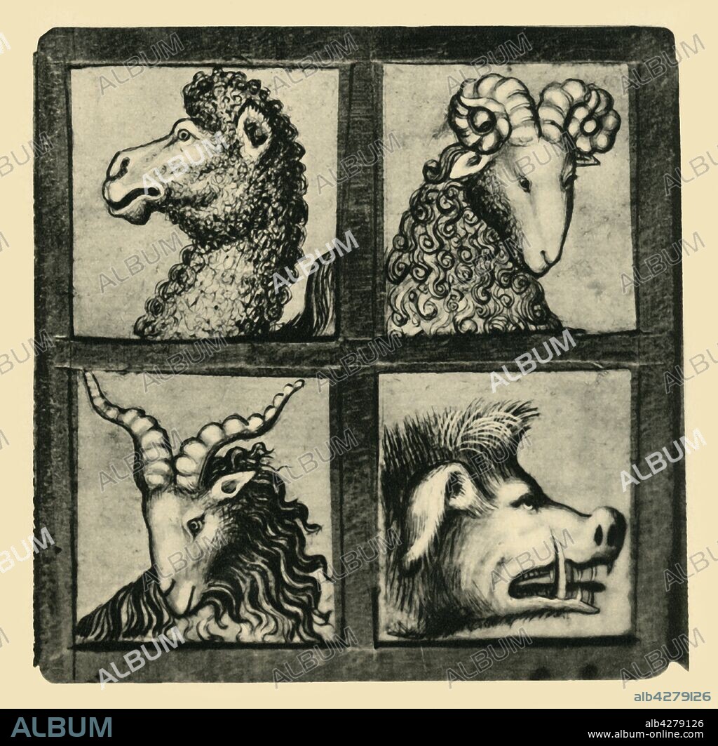 Animal heads, early 15th century, (1943). Heads of animals: camel, ram, goat, wild boar. Drawing in the Kunsthistorisches Museum, Vienna. From "Europäische Handzeichnungen", (Five Hundred Years of European Drawings), by Bernhard Degenhart. [Atlantis-Verlag Berlin, Zürich, 1943].