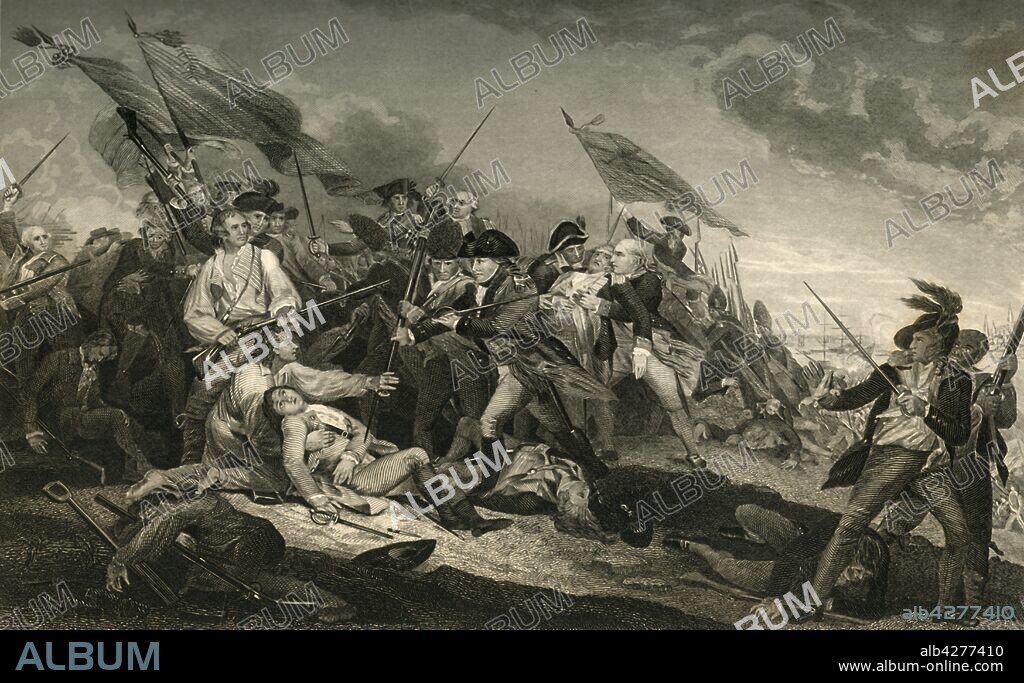 'Battle of Bunker Hill', (1877). Battle near Charlestown, Massachusetts, which took place on 17 June 1775 in the early stages of the American Revolutionary War. American patriot Joseph Warren (1741-1775) was killed fighting the British. Engraving after 'The Death of General Warren at the Battle of Bunker's Hill, June 17, 1775', painting made 1815-1830 by John Trumbull, in the Museum of Fine Arts, Boston. From "Our Country: a Household History for All Readers, from the Discovery of America to the Present Time", Volume 2, by Benson J. Lossing. [Johnson & Miles, New York, 1877].