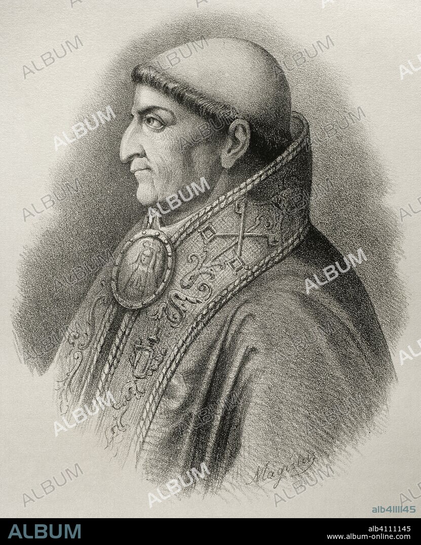 Francisco Jiménez de Cisneros, conocido por Cardenal Cisneros (1436-1517). Cardenal, arzobispo de Toledo, Primado de España y tercer Inquisidor General de Castilla. Litografía. Retrato. Crónica General de España, Historia Ilustrada y Descriptiva de sus Provincias. Castilla-La Nueva, 1869. Biblioteca Histórico Militar de Barcelona, Cataluña, España.