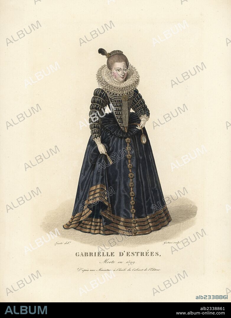 Gabrielle d'Estrees, duchess of Beaufort, mistress of King Henry IV of France, 1573-1599. After a miniature oil painting. Handcoloured copperplate engraving by Gatine after an illustration by Louis Marie Lante from Pierre de la Mesangere's "Costumes des femmes celebres" (Costumes of Famous Women), Paris, 1827.