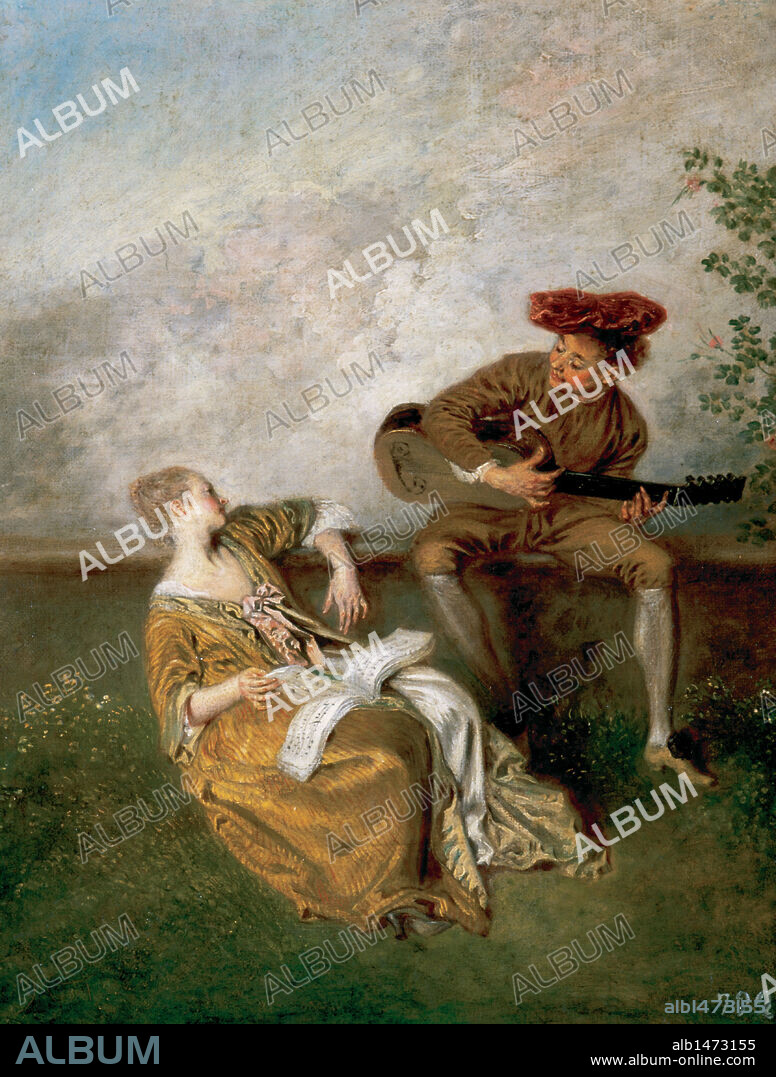 JEAN ANTOINE WATTEAU. ARTE SIGLO XVIII. ROCOCO. FRANCIA WATTEAU, Jean-Antoine (Valenciennes, 1684-Nogentsur-Marne, 1721). Pintor francés, considerado como el auténtico creador del estilo pictórico rococó. LECCION DEL CANTO, 1717-18. Palacio Real. Madrid. España. PATRIMONIO NACIONAL.
