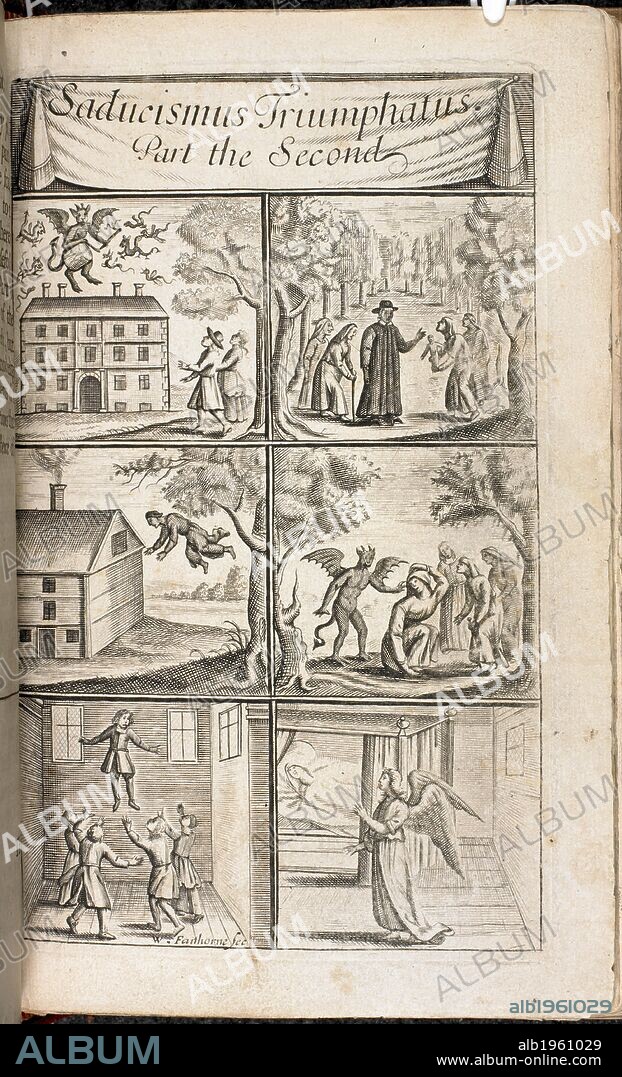 JOSEPH GLANVILL. Scenes of levitation, and activities associated with witches and demons. Saducismus Triumphatus: or full and plain evidence concerning witches and apparitions. With a letter of Dr H. More on the same subject, and an authentick story of certain Swedish witches. Done into English by A. Horneck. London, 1681. Source: 719.h.4. Opposite p. 180. Language: English and Latin.