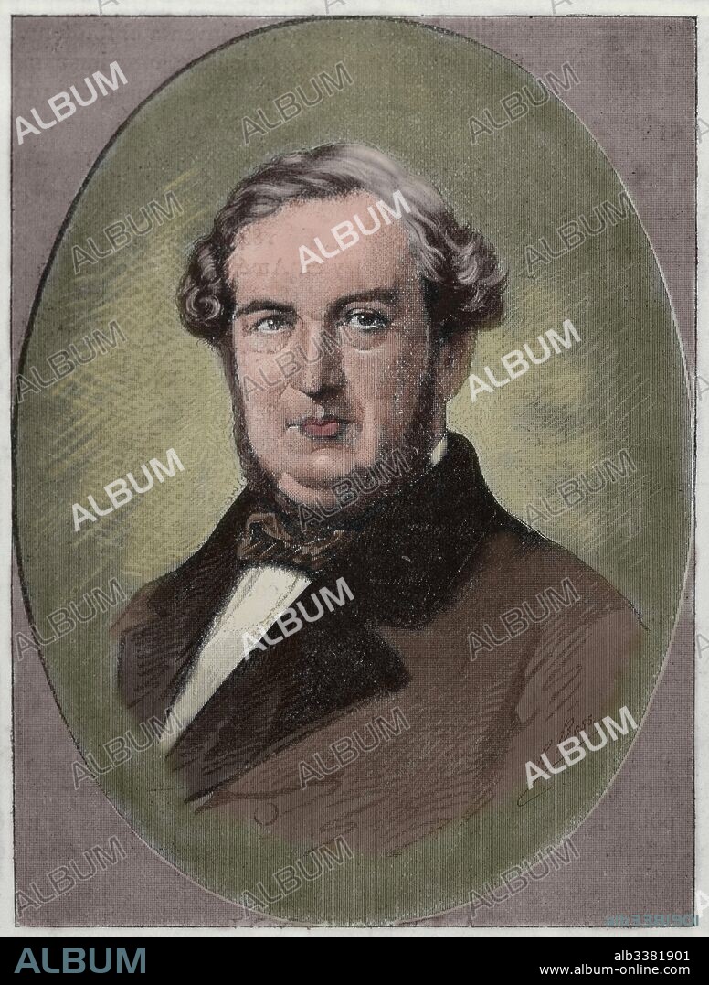 Salustiano de Olozaga (Oyón, 1805-Enghien, 1873) Político español. Durante el Trienio Constitucional (1820-1823) perteneció a la Milicia Nacional madrileña. Acusado de conspirar contra Fernando VII se refugió en París (1831). Después de la muerte del rey fue uno de los jefes de la oposición, presidente de las Cortes (1843) y jefe del partido progresista en las mismas (1848). Grabado coloreado.