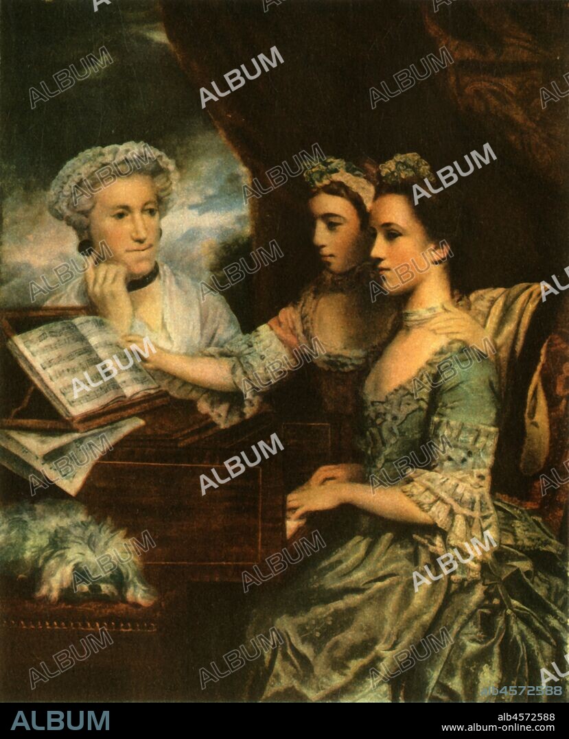 SIR JOSHUA REYNOLDS. Mrs Paine and her Daughters, c1767, (1942). Portrait of Charlotte Beaumont, (died 1766), wife of architect James Paine, and her daughters Charlotte Paine (1751-1814), who married St John Charlton, and Mary Paine, (1753-1798), later Mrs Tilly Kettle. From "English Music', by W. J. Turner. [Collins, London, 1942].