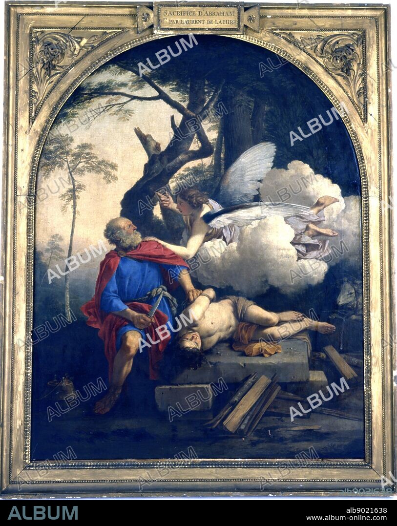 The Sacrifice of Abraham. Angel of the Lord stays Abraham's hand before he sacirfices Isaac on the order of the Lord. Lamb for sacrifice centre right. Llurent de la Hire (or Hyre - 1606-1656) French painter. Oil on canvas. Private Collection.