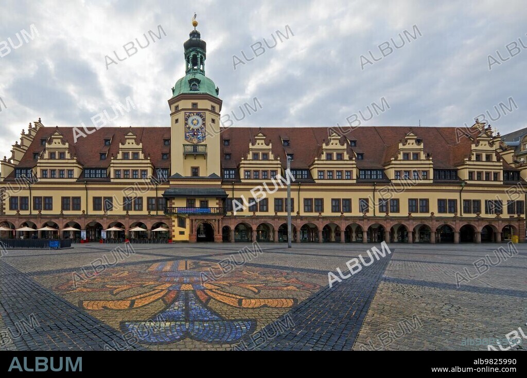Leipzig market with city coat of arms on the pavement in front of the Old Town Hall; today Leipzig Museum of City History; Saxony; Germany; Europe.