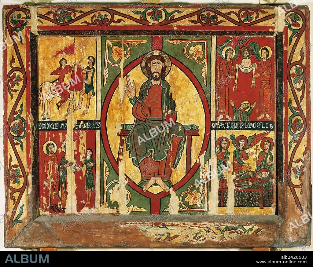 ARTE ROMANICO. ESPAÑA. "FRONTAL DE SANT MARTI DE TOURS". Pintura sobre tabla (siglo XII). Procede de Sant Martí de Puigbó (comarca de El Ripollès). Tamaño: 96 x 122 x 6 cm. Las pinturas representan escenas de la vida del SANTO OBISPO DE TOURS. Museu Episcopal de Vic. Provincia de Barcelona. Comarca de Osona. Cataluña.