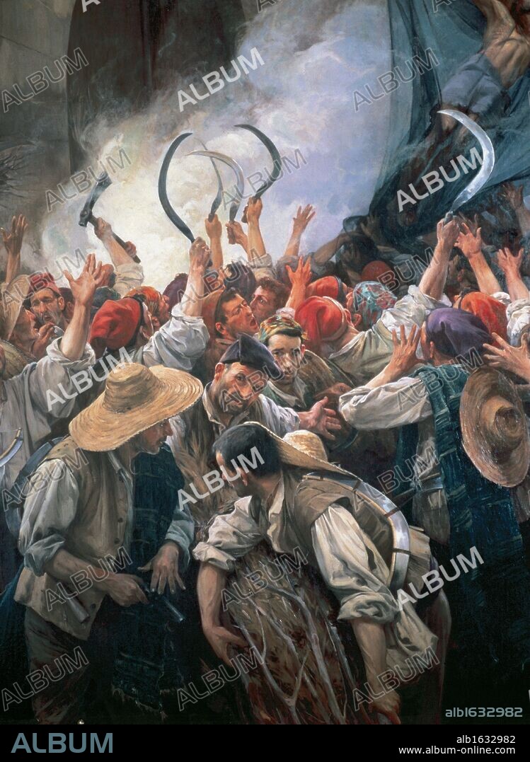 "CORPUS DE SANG" o (ELS SEGADORS). Detalle. Pintura alusiva al día de Corpus de 1640, en que un grupo de segadores se sublevaron contra las tropas reales. Oleo de Antoni ESTRUCH (1907). Museo Municipal de Arte de Sabadell. Provincia de Barcelona. Cataluña.