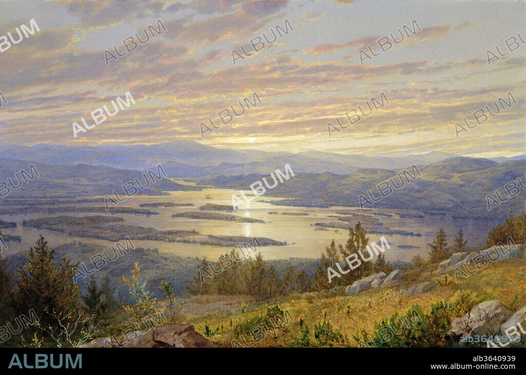 Lake Squam from Red Hill. Artist: William Trost Richards (American, Philadelphia, Pennsylvania 1833-1905 Newport, Rhode Island). Dimensions: 8 7/8 x 13 9/16 in. (22.5 x 34.4 cm). Date: 1874.
Among the earliest contributors to the annual exhibitions of the American Society of Painters in Water Color, the Philadelphian Richards contributed significantly to raising the profile of the medium in the United States. The artist successfully wedded topographical precision and authority of design to a marvelous sense of light and atmospheric breadth, creating small-scale landscapes that are the nearest counterpart in watercolor to the paintings of the contemporaneous Hudson River School. The view of island-studded Lake Squam from Red Hill in New Hampshire was a well-worn tourist staple by the time Richards executed this radiant prospect at sunset. The picture hints at his admiration for the sky spectacles in oil of New York landscape painter Frederic Church.