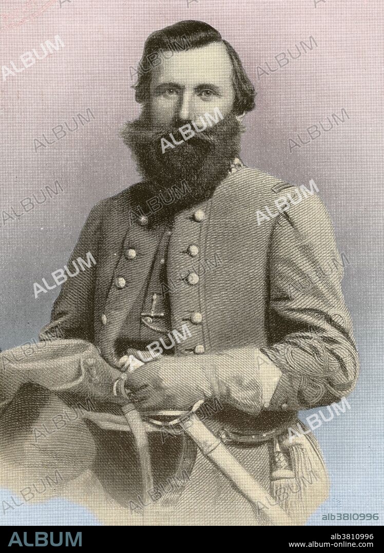 James Ewell Brown Stuart (February 6, 1833 - May 12, 1864) was a US Army officer who became a Confederate States Army general during the American Civil War. While he cultivated a cavalier image (red-lined gray cape, yellow sash, hat cocked to the side with an ostrich plume, red flower in his lapel, often sporting cologne), he was the trusted eyes and ears of Lee's army. He graduated from West Point in 1854 and served in with the US Army, a veteran of the frontier conflicts with Native Americans and the violence of Bleeding Kansas. He participated in the capture of John Brown at Harpers Ferry. His most famous campaign, Gettysburg, was marred when he was surprised by a Union cavalry attack at the Battle of Brandy Station and by his separation from Lee's army, leaving Lee unaware of Union troop movements and contributing to the Confederate defeat at the Battle of Gettysburg. During the 1864 Overland Campaign, he was mortally wounded at the Battle of Yellow Tavern and died on May 12, 1864, at the age of 31. His widowed wife wore black for the rest of her life in remembrance of her deceased husband.