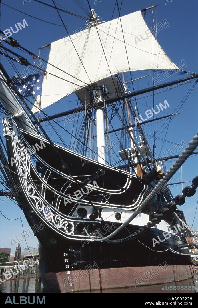The USS Constitution (c.1797) in Charlestown is the oldest commisioned warship afloat. It has a carved billet head and is one of the Old Ironsides used in the War of 1812. Boston, Massachusetts.