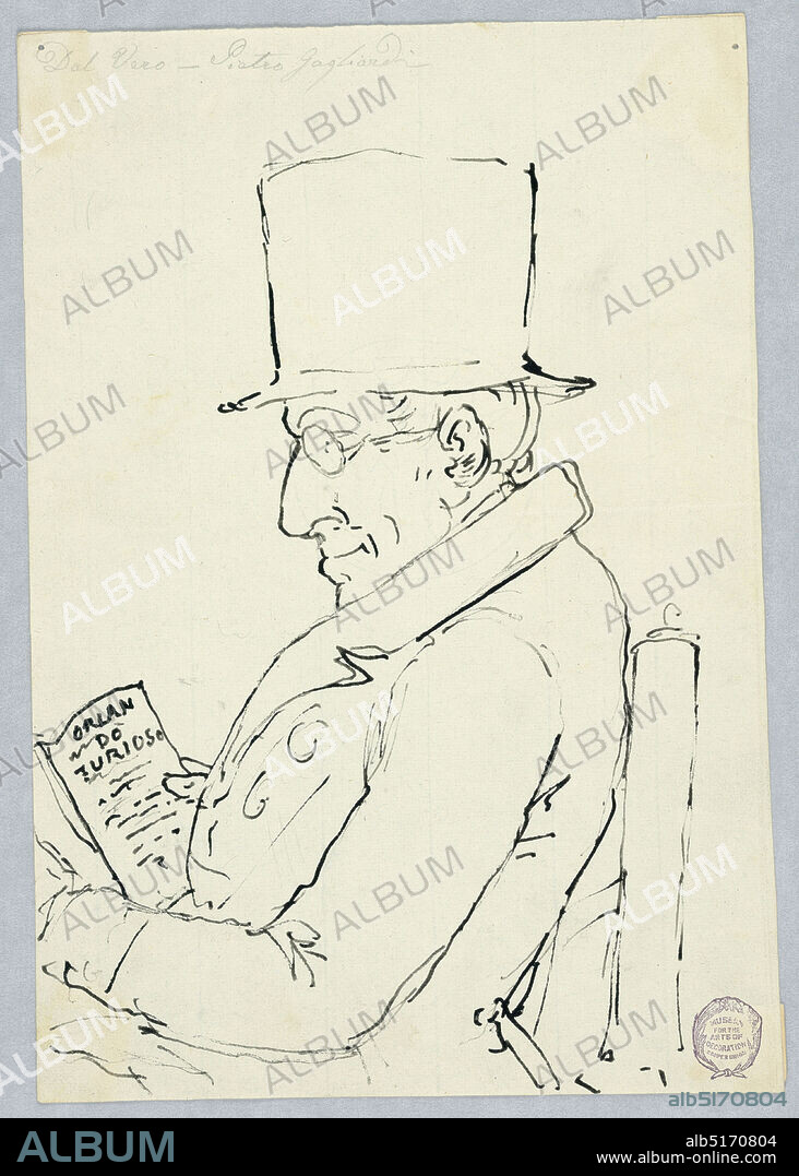 Portrait of a Man, Pietro Gagliardi, Italian, 1809 - 1890, Pen and ink on paper, Seated man wearing top hat and glasses faces left, reading a book inscribed: Orlando Furioso (an Italian epic poem)., Italy, ca. 1830, figures, Drawing, Drawing.