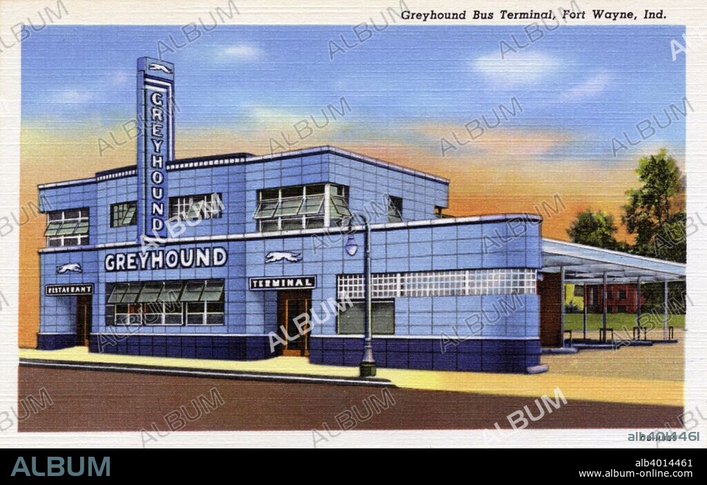 Greyhound Bus terminal, Fort Wayne, Indiana, USA, 1940. Postcard. View showing  the blue tiled exterior of the building. Greyhound Lines is an intercity bus company founded in Hibbing, Missesota, in 1914.