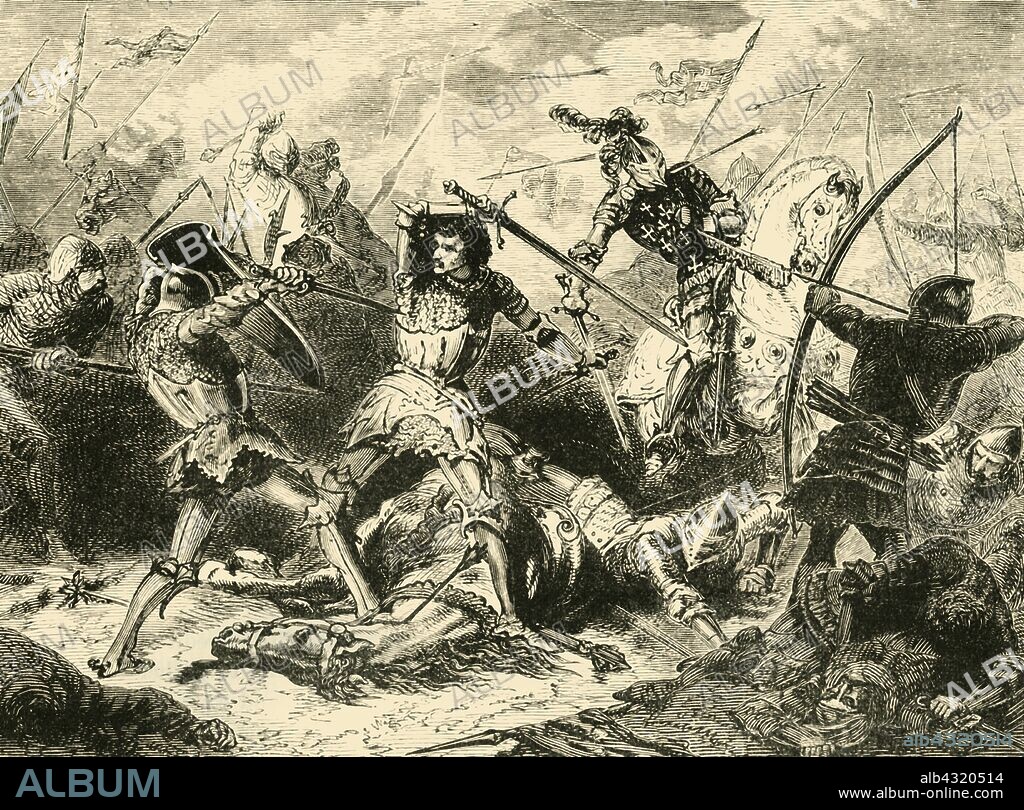 'The Battle of Agincourt', (1415), 1890. Battle of Agincourt and English victory during  the Hundred Years War. Henry V of England led his troops into battle and participated in hand-to-hand fighting, the French were commanded by Constable Charles d'Albret. From "Cassell's Illustrated Universal History, Vol. III - The Middle Ages", by Edmund Ollier. [Cassell and Company, Limited, London, Paris and Melbourne, 1890. ].