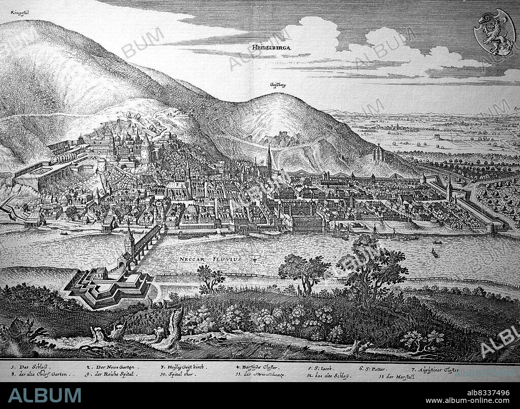 Heidelberg im Mittelalter, Rheinland-Pfalz, Deutschland / Heidelberg in the Middle Ages, Rhineland-Palatinate, Germany, historical, digital improved reproduction of an original from the 18th century / digital restaurierte Reproduktion einer Originalvorlage aus dem 18. Jahrhundert, genaues Originaldatum nicht bekannt.