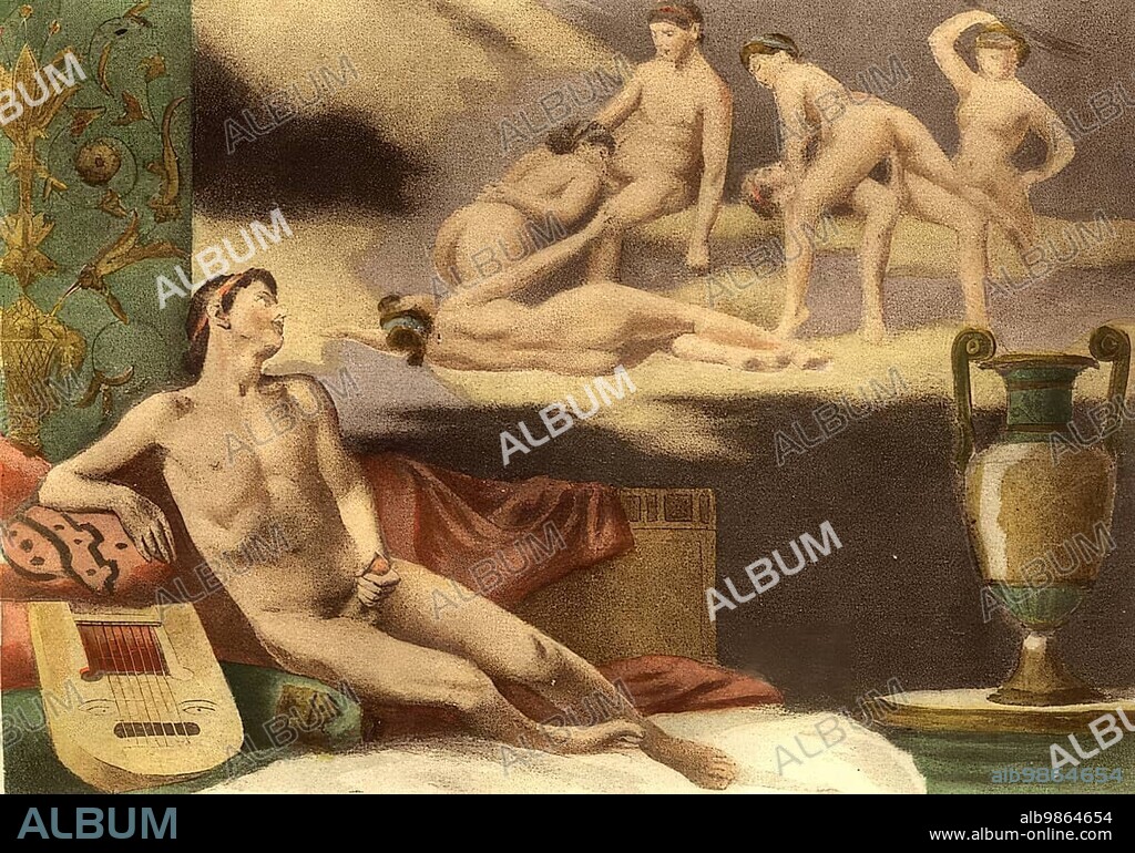 Man Masturbating in Front of an Erotic Painting, Erotic illustration by Edouard-Henri Avril (21 May 1849 - 1928), a French painter and graphic artist, under the name Paul Avril he became known as an illustrator of erotic to pornographic novels, Historical, digitally restored reproduction from a 19th century original