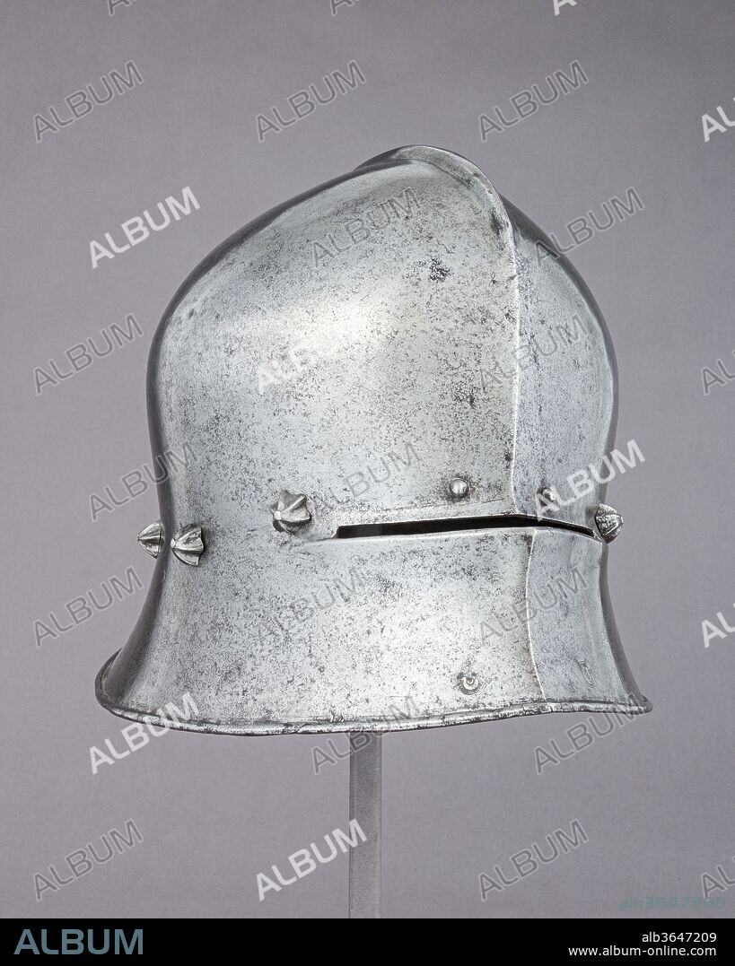 Sallet. Armorer: Attributed to Adrian Treytz the Elder (Austrian, Innsbruck, active ca. 1473-92). Culture: Austrian, Innsbruck. Dimensions: H. 9 3/4 in. (24.8 cm); W. 11 1/2 in. (29.2 cm); D. 14 5/8 in. (37.1 cm); Wt. 6 lb. 2 oz. (2778 g). Date: ca. 1480.
The maker's mark on this helmet, a horseshoe and a crescent, is attributed to Adrian Treytz the Elder, whose family included at least five armorers who worked for the Habsburg court in the late fifteenth and early sixteenth centuries.