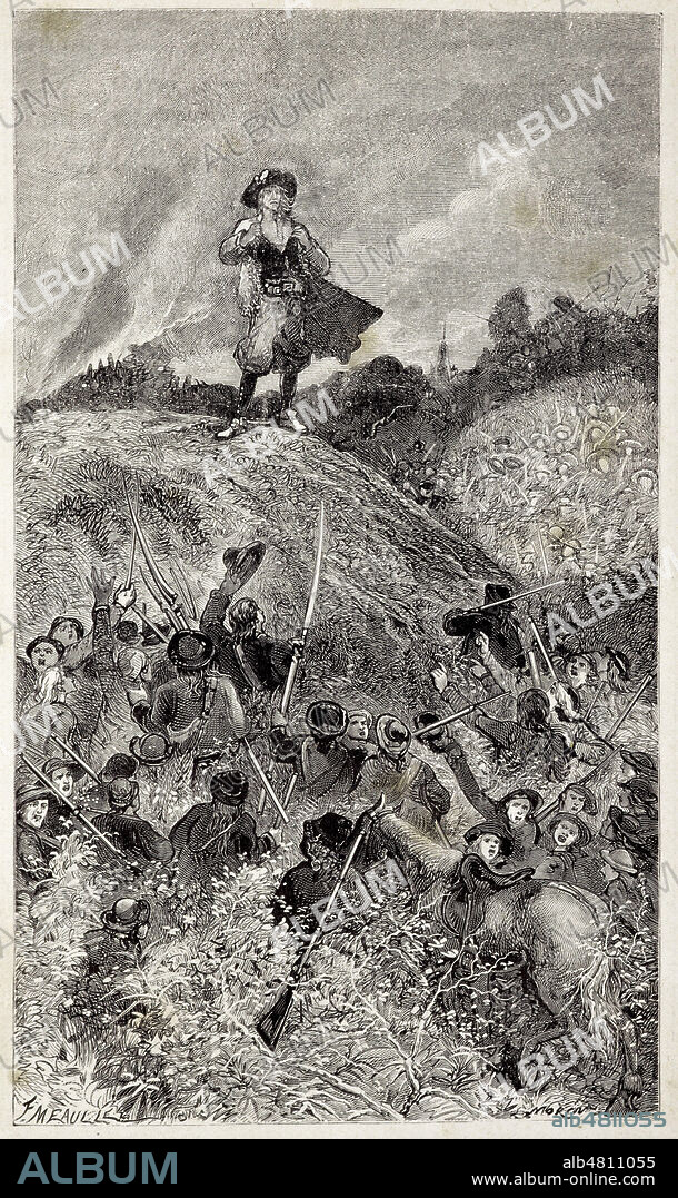 Vendeens acclamant leur chef. La Guerre de Vendee. Gravure par Edouard RIOU (1823-1900) illustrant l'ouvrage de Victor HUGO (1802-1885) 'Quatre-vingt-treize', edite par E. Hugues a Paris, sans date. Credit : Collection KHARBINE-TAPABOR.