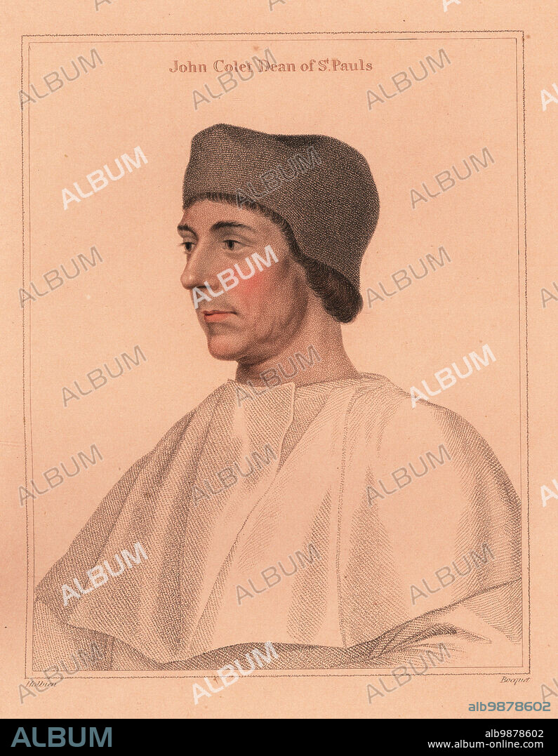 John Colet, Dean of St. Paul's Cathedral, scholar and friend of Erasmus, founder of St Paul's School, 1467-1519. Handcoloured copperplate stipple engraving by E. Bocquet after a portrait by Hans Holbein the Younger printed on pink paper from Imitations of Original Drawings by Hans Holbein, John Chamberlaine, London, 1812.