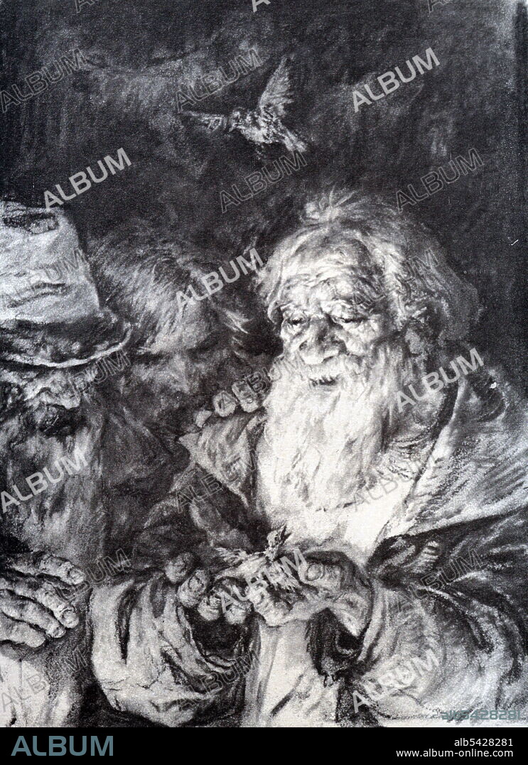 Pahom with a chick. Illustration for the poem by N. A. Nekrasov Who Is Happy in Russia? an epic four-part poem by Nikolai Nekrasov, which he started publishing in January 1869.