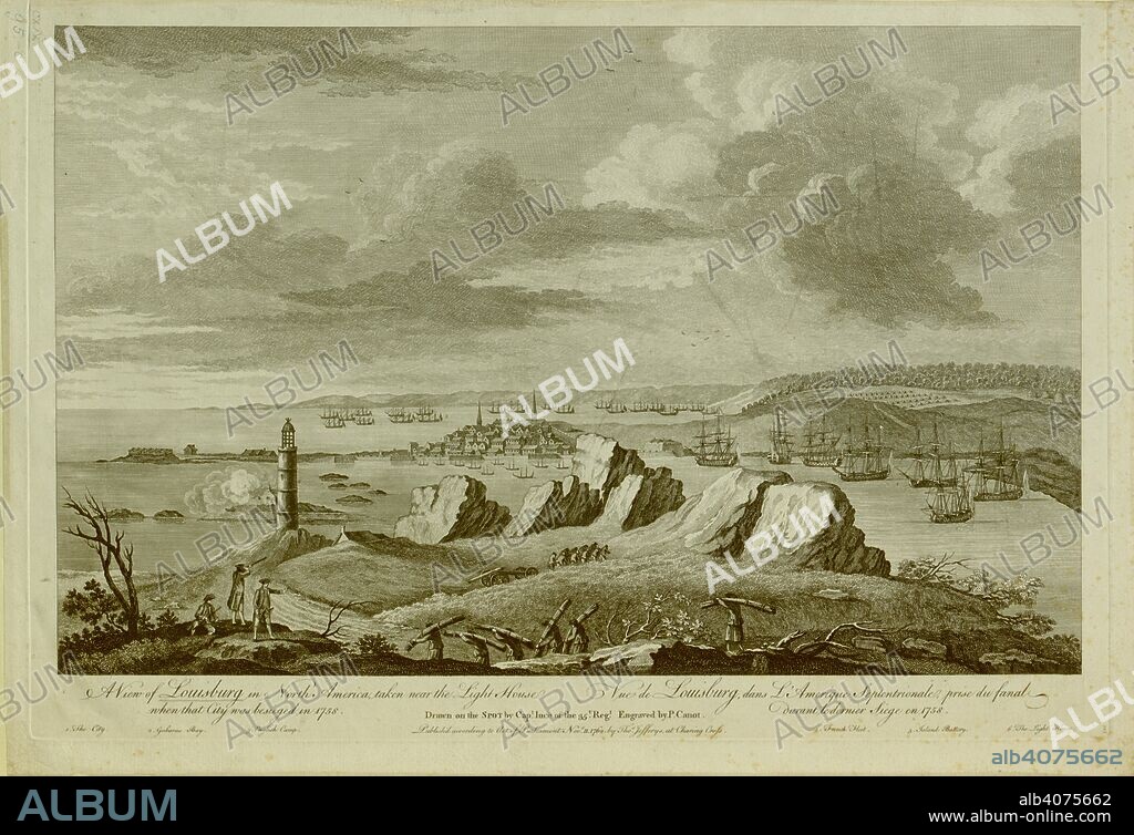 P. C CANOT. Soldiers in battle in the foreground; a lighthouse on the left; French ships in the middle ground to the right-hand side; the British fleet in the distance Gabarus Bay; the town of Louisbourg at the centre; mountains in the distance. A View of Louisburg in North America, taken near the Light House when that City was besieged in 1758 : Vue de Louisburg, dans L'Amerique Septentrionale, prise du fanal durant le dernier siege en 1758. [London] : Publish'd according to Act of Parliament Novr 11 1762 by Thos Jefferys, at Charing Cross. ; [November 11 1762]. Source: Maps K.Top.119.95.c. Language: English and French.
