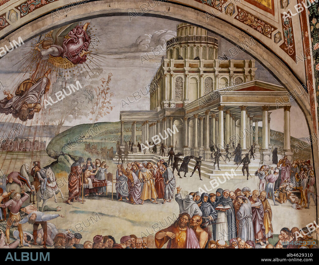Orvieto, Basilica Cathedral of Santa Maria Assunta (or Duomo), the interior, Chapel Nova or St. Brizio Chapel, lunette of the west wall: "Preaching and the facts of the Antichrist", fresco by Luca Signorelli, (1500 - 1502). Detail.