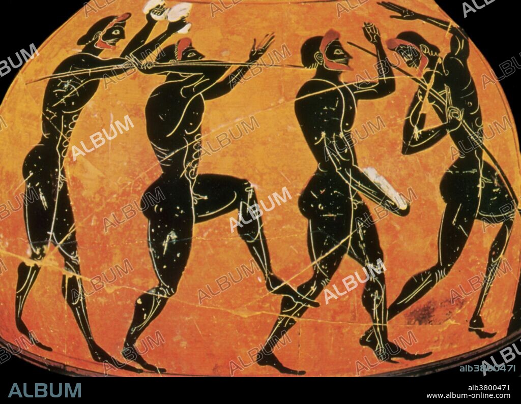 The Ancient Olympic pentathlon was an athletic contest. Five events were contested over one day, starting with the stadion (foot race) followed by the javelin throw, discus throw, long jump, and ending with wrestling. The Olympic Games were a series of athletic competitions among representatives of city-states and one of the Panhellenic Games of Ancient Greece. They were held in honor of Zeus, and the Greeks gave them a mythological origin. The games were held every four years, or olympiad, which became a unit of time in historical chronologies. The main events at each of the games were chariot racing, wrestling, boxing, pankration, stadion and various other foot races, and the pentathlon (wrestling, stadion, long jump, javelin throw, and discus throw). Except for the chariot race, all the events were performed nude. Black-figure pottery painting, also known as the black-figure style or black-figure ceramic is one of the styles of painting on antique Greek vases. Figures and ornaments were painted on the body of the vessel using shapes and colors reminiscent of silhouettes.