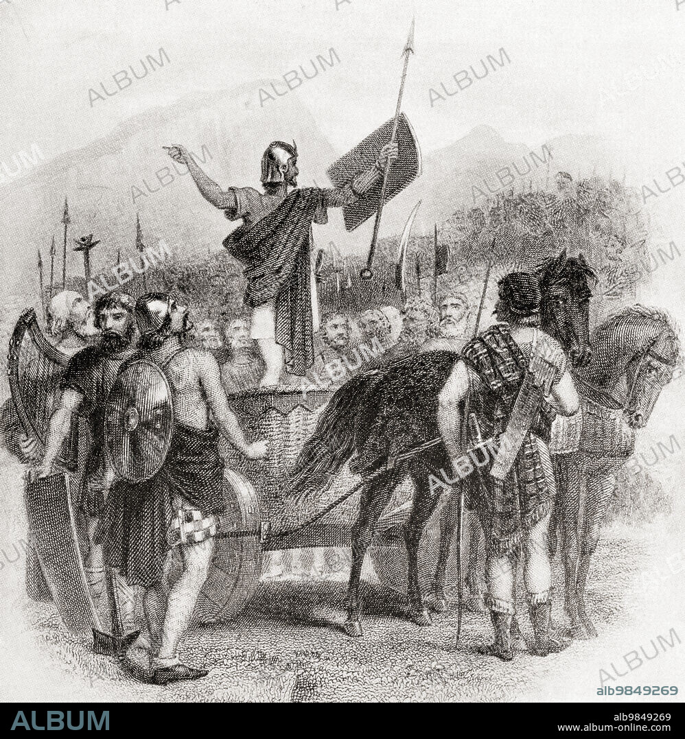 Calgacus addressing his army before the Battle of Mons Grampius, c. A.D.84. Calgacus, aka Calgacos or Galgacus. Chieftain of the Caledonian Confederacy. From Hutchinson's History of the Nations, published 1915.