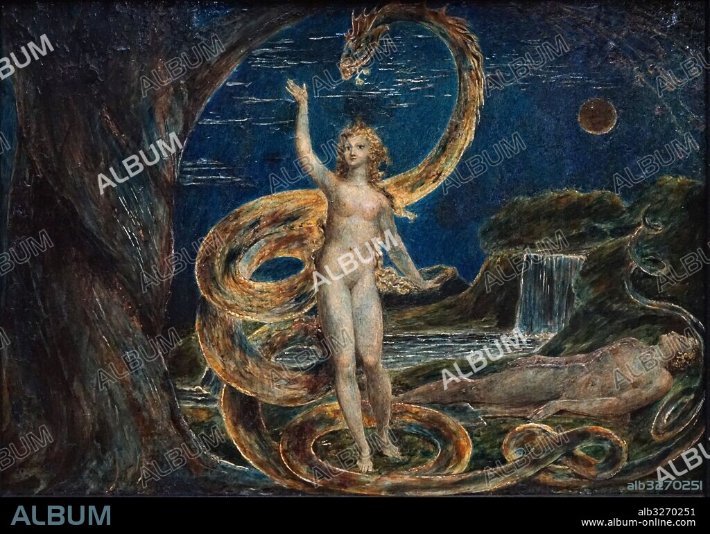 Painting titled 'Eve Tempted by the Serpent' by William Blake (1757-1827) an English poet, painter, and printmaker. Dated 18th Century.