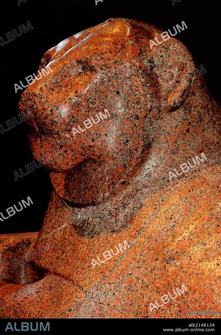 Prudhoe Lion, Eighteenth Dynasty (approx. 1400 BC) from Gebel Barkal in the Sudan. Ancient Egyptian figure of a lion made from red granite, one of a matching pair. Originally from Temple of Soleb in Nubia. (Photo by: Universal History Archive/UIG via Getty Images).