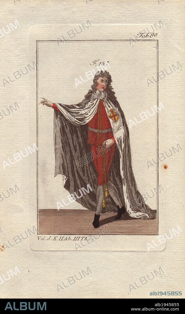 This knight is depicted in his ceremonial robes, with Cistercian scarlet cross on the breast of his cloak.. . The Order of Alcantara was a Spanish military order established in 1176. Originally known as the Knights of St. Julian de Pereiro, after a hermit of the country of Salamanca, they are first acknowledged as a military order by a privilege of Pope Celestine III in 1197. . . They accepted the Cistercian rule and costume, a white mantle with the scarlet overcross. The Knights of Alcántara, under their new name, acquired many castles and estates, for the most part at the expense of the Moslems. They amassed great wealth from booty during the war and from pious donations.. . Handcolored copperplate engraving of a knight from a religious military order from Robert von Spalart's "Historical Picture of the Costumes of the Principal People of Antiquity and of the Middle Ages" (1796).