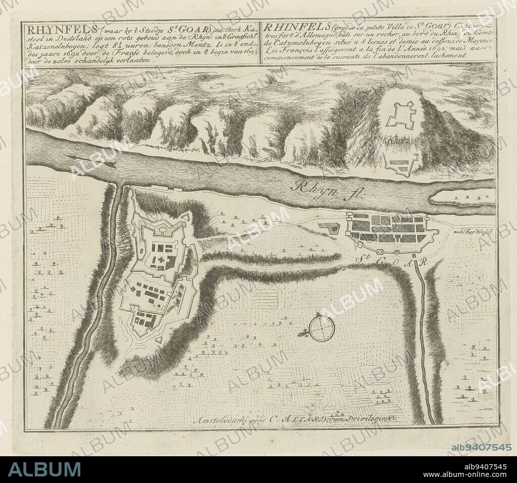 Map of Rheinfels Castle and the city of St. Goar, Rhynfels (where by 't Steedje St. Goar) a strong Castle in Germany (... ) end des year 1692 by the French besieged; doch in 't begin van 1693 by the zelve schandelijk verlaaten (title on object), Les Principales Forteresses & Villes Fortes, d'Espagne, de France, d'Italie, de Savoië, d'Allemagne & des Païs-Bas (..) / Naaukeurige afbeeldingen der Voornaam Sterke Steden en Vestingen in Spanjen, Vrankryk, Italien, Savoyen, Duytsland en Nederlanden (...) (series title), Plattegrond van de Rheinfels en Sankt Goar. With texts in Dutch and French. The print is part of an album., print maker: Abraham Allard, print maker: Carel Allard, publisher: Carel Allard, (mentioned on object), print maker: Amsterdam, print maker: Amsterdam, publisher: Amsterdam, publisher: Leiden, 1702 - 1733, paper, etching, height 244 mm × width 276 mm.