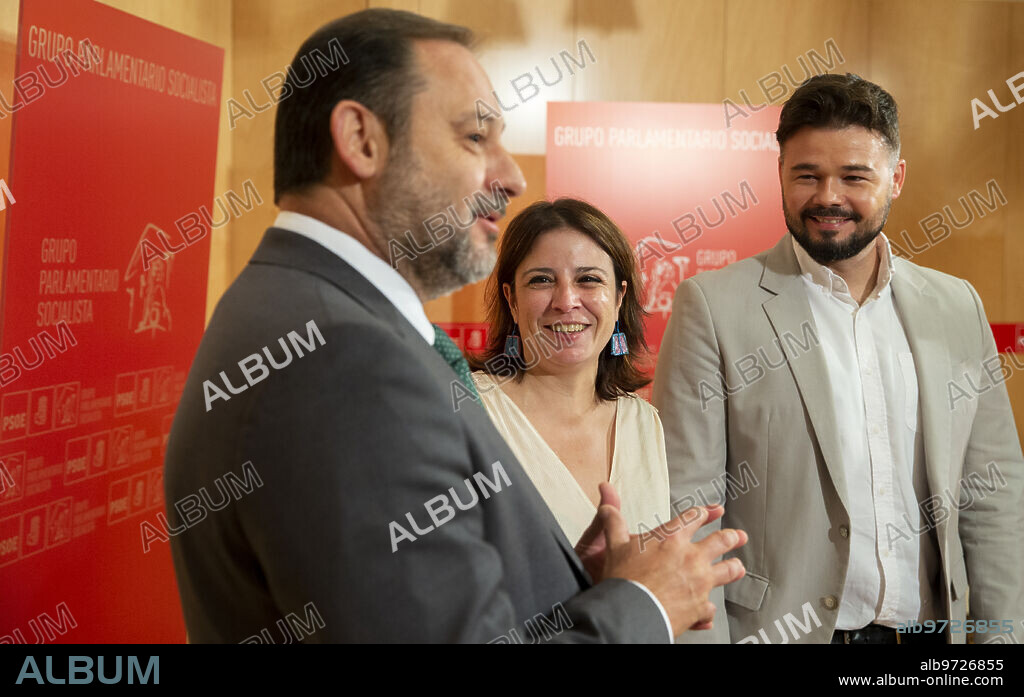 Madrid, 09/04/2019. Meeting of Gabriel Rufián and Carolina Telechea (Erc) with Adriana Lastra and José Luis Ábalos (Psoe), in the Congress of Deputies. Photo: Ignacio Gil. Archdc.