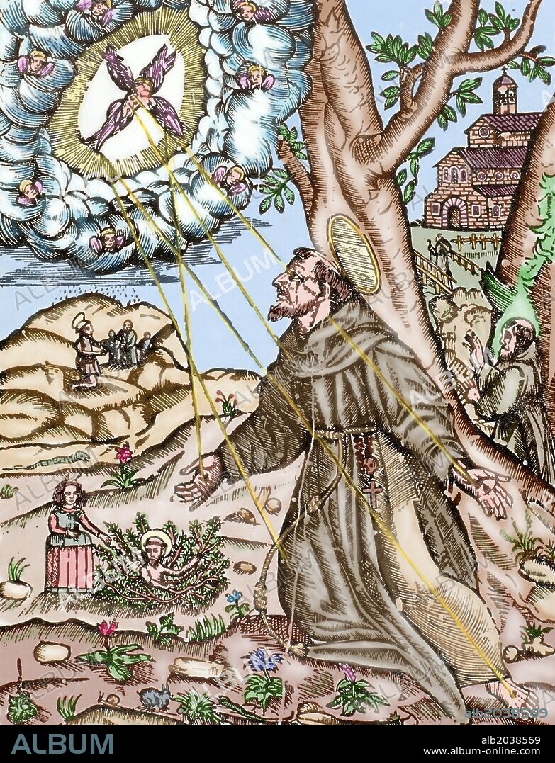 La Estigmatización de San Francisco de Asís (1181/82-1226) mientras ora en el Monte Alvernia. Grabado coloreado.