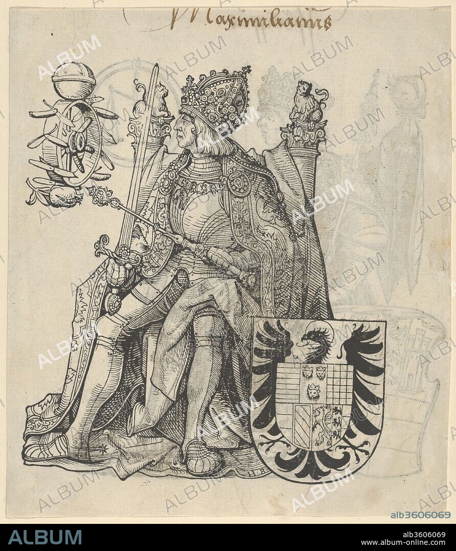 Recto of a Sheet with Maximilian, from The Genealogy of Emperor Maximilian I. Artist: Hans Burgkmair (German, Augsburg 1473-1531 Augsburg). Dimensions: Sheet: 8 1/16 × 7 1/16 in. (20.5 × 18 cm). Series/Portfolio: Genealogy of Emperor Maximilian I. Date: 1509-12.
Proof for an illustration for the book "Genealogy of Emperor Maximilian I." Although Burgkmair completed ninety-two blocks for the project, the book was never published. The verso of this sheet (39.92.1b) has the proof for the illustration of Philip the Belle.