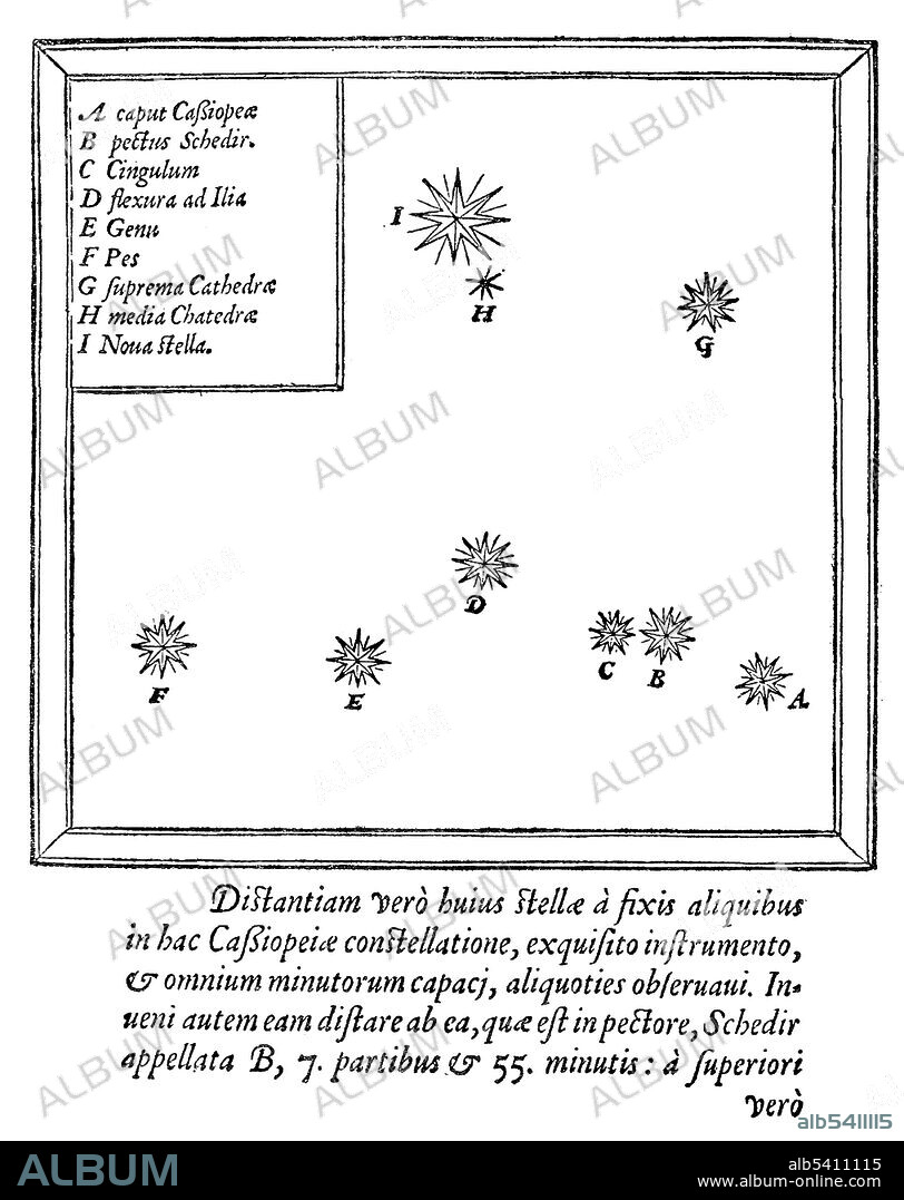 Star map of the constellation Cassiopeia showing the position of the supernova of 1572; from Tycho Brahe's De nova stella. The supernova of 1572 is often called Tycho's supernova, because of his extensive work De nova et nullius aevi memoria prius visa stella (Concerning the Star, new and never before seen in the life or memory of anyone, published in 1573), a work containing both his own observations and the analysis of sightings from many other observers. Tycho Brahe (December 14, 1546 - October 24, 1601) was a Danish astronomer and alchemist. He was the last of the major naked eye astronomers, working without telescopes for his observations. Tycho is credited with the most accurate astronomical observations of his time, and the data was used by his assistant, Johannes Kepler, to derive the laws of planetary motion. Due to a dueling injury at university, he always wore a metal nose prosthetic. In mid October of 1601 he contracted a bladder or kidney ailment after attending a banquet and died eleven days later at the age of 54.