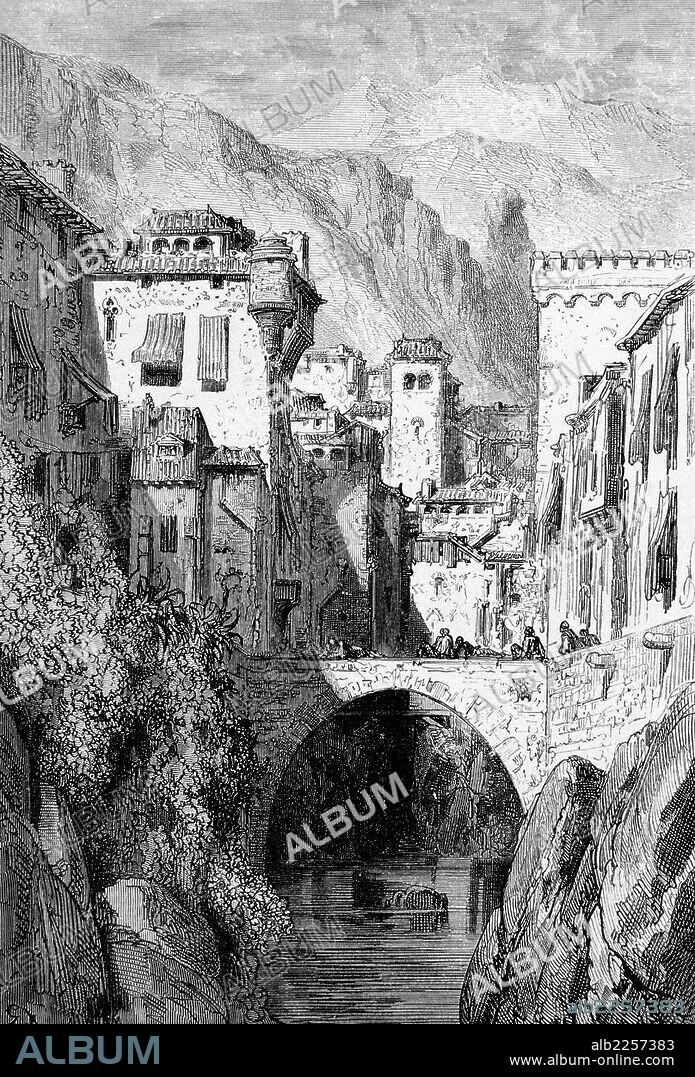 PAUL GUSTAVE DORÉ. GRANADA. PASO DEL RIO DARRO POR LA CIUDAD. DIBUJO DE GUSTAVO DORE. GRABADO DEL SIGLO XIX.