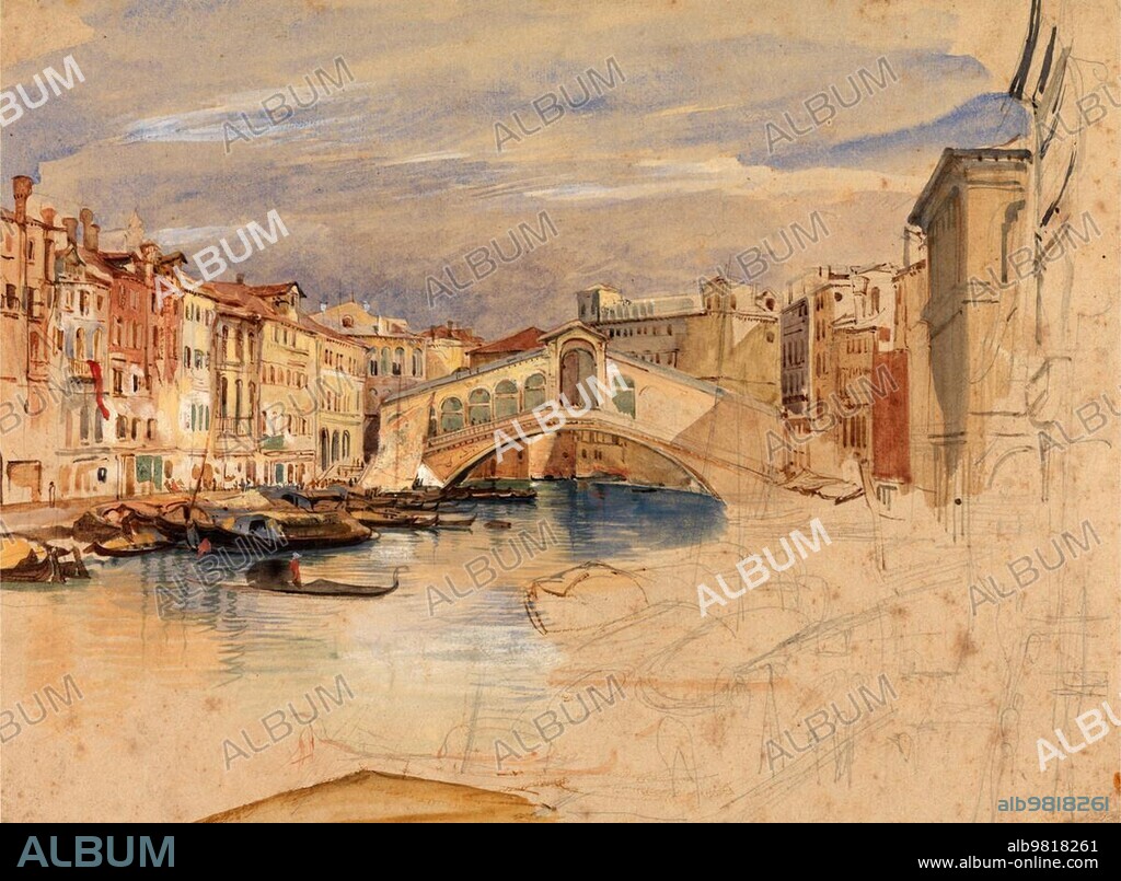 Venice, the Grand Canal and Rialto Bridge, 1838, Italy, Painting by John Frederick Lewis, Historic, digitally restored reproduction from a 19th century original