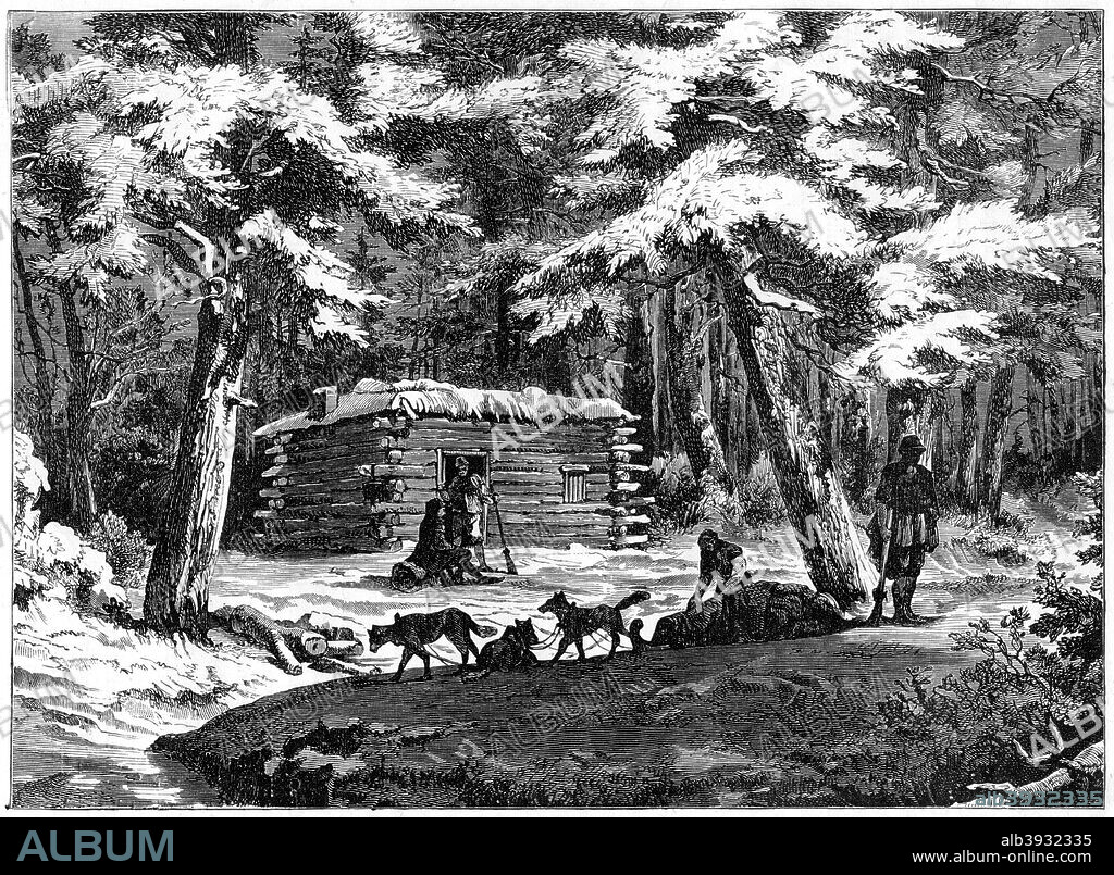 'A winter hut in the Saskatchewan country, Canada', 1877. Log cabin and sledge with huskies.