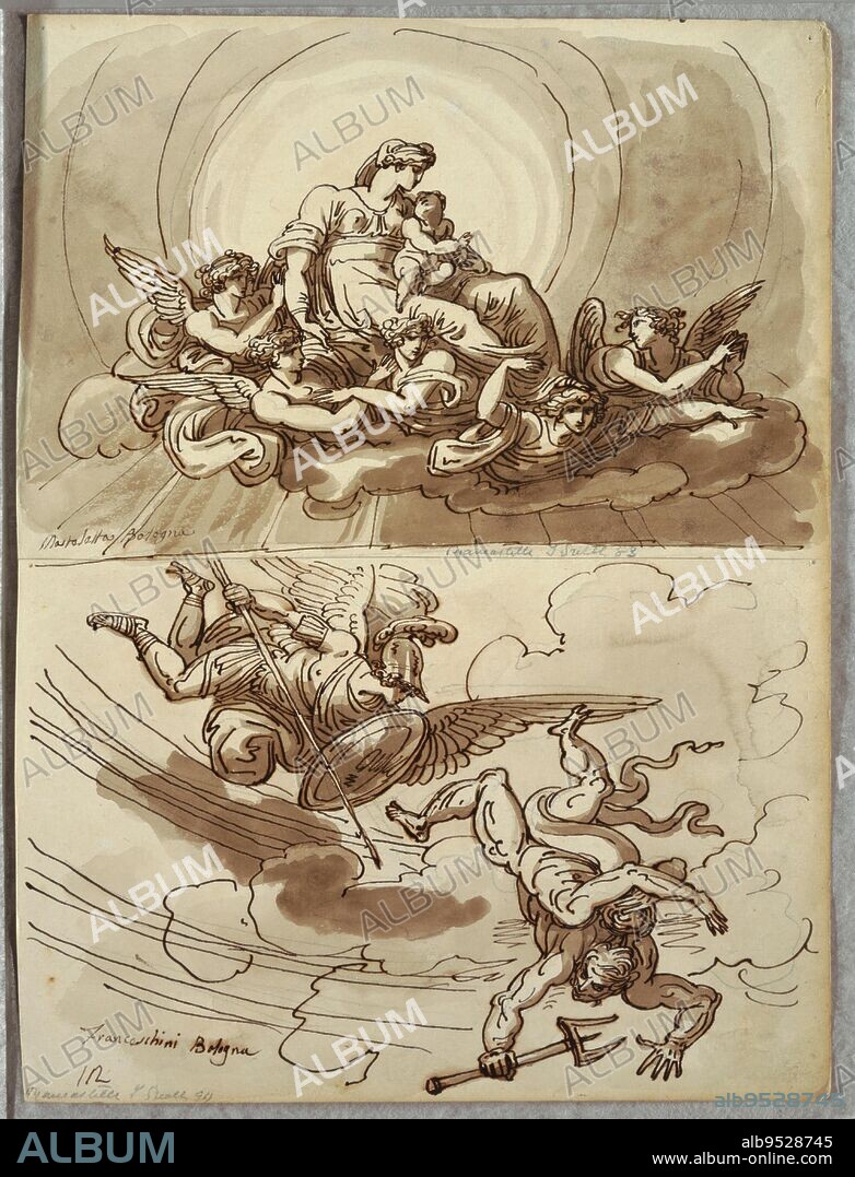 FELICE GIANI. Upper drawing of Madonna and Child, seated on clouds supported by five angels. Lower drawing of winged male figure in classical armor with spear and shield flying in air pursuing figure with pitchfork-- Lucifer(?) ["Lucifer" seems to have an extra head and pair of arms?]. Date: 1821-22. Pen and ink, brush and brown wash, over black chalk on heavy white laid paper.