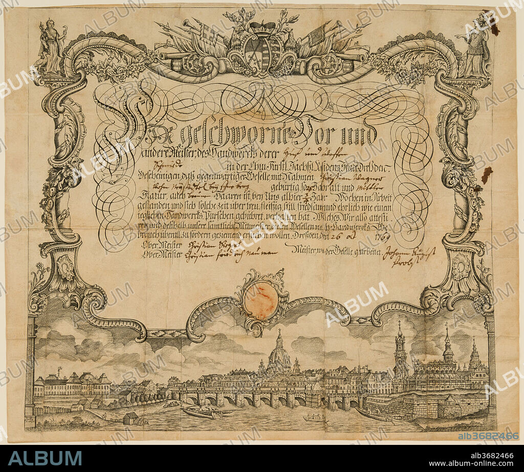 Certificate of Employment (Arbeitsbescheinigung) of the Guild of Farriers and Weaponsmiths (Huf- und Waffenschmiede) of Dresden. Culture: German, Dresden. Dimensions: 13 1/8 x 15 1/2 in. (33.3 x 39.4 cm). Date: dated 1769.
